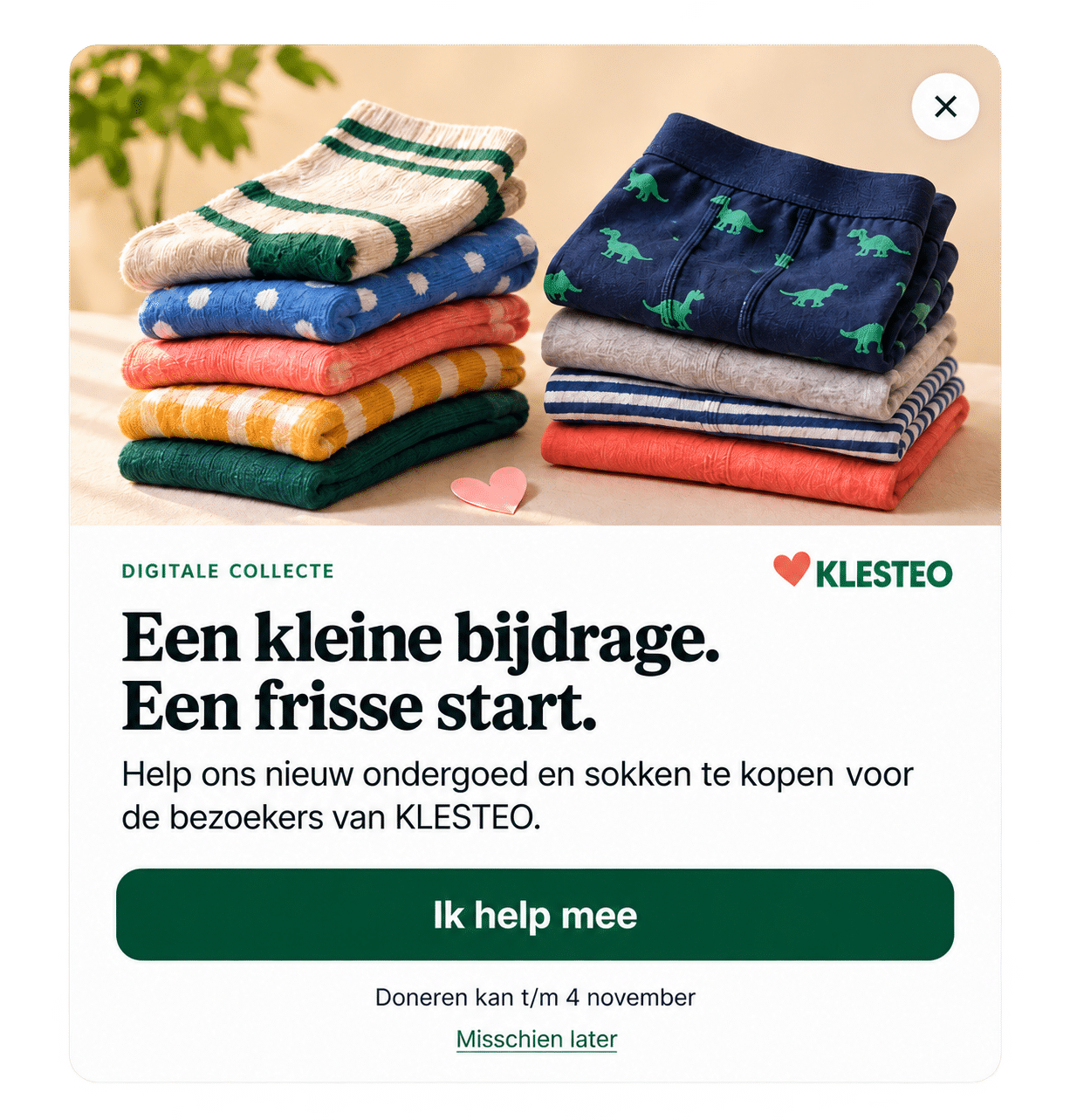 Steun de KLESTEO-collecte voor ondergoed en sokken